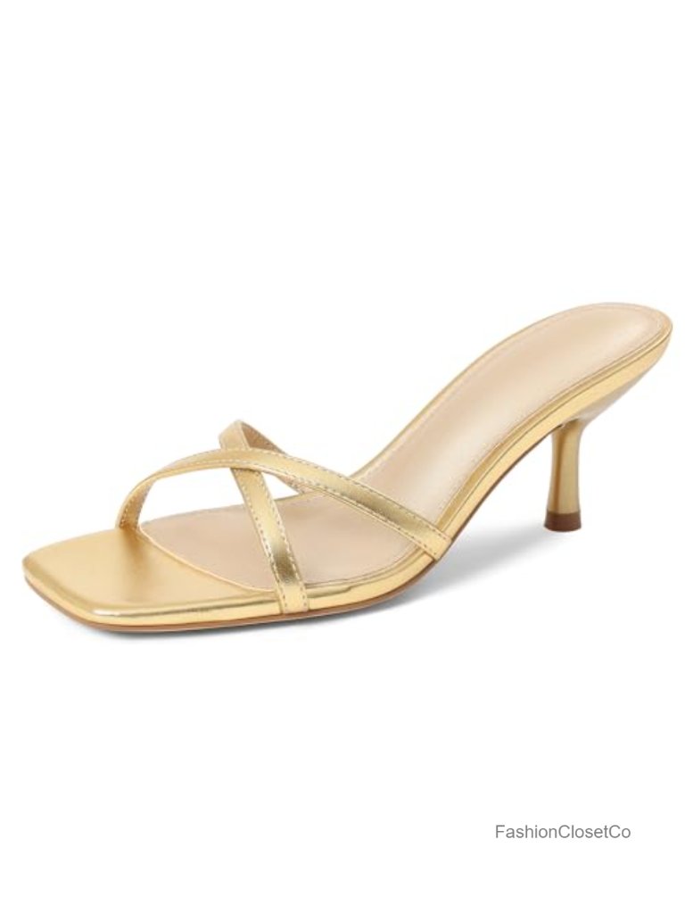 Kitten Heels Open Square Toe Cross Band Slip On Mules Slides Summer Dress Pumps